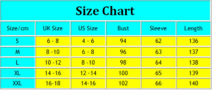 Size chart for vintage blue floral V-neck maxi dress with navy trim displaying measurements in centimeters and US UK sizes for bust sleeve and length dimensions.