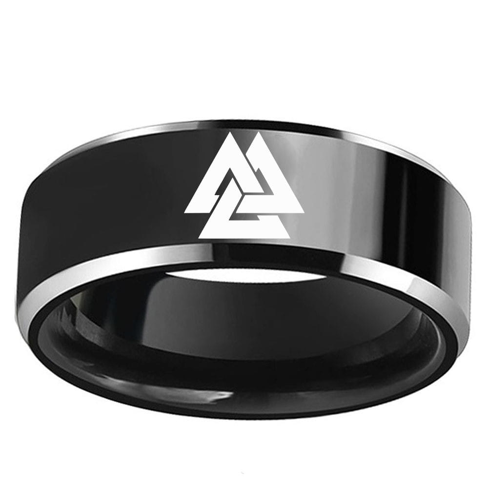 Black tungsten carbide engraved valknut viking symbol stainless steel band ring with a polished silver inner band.