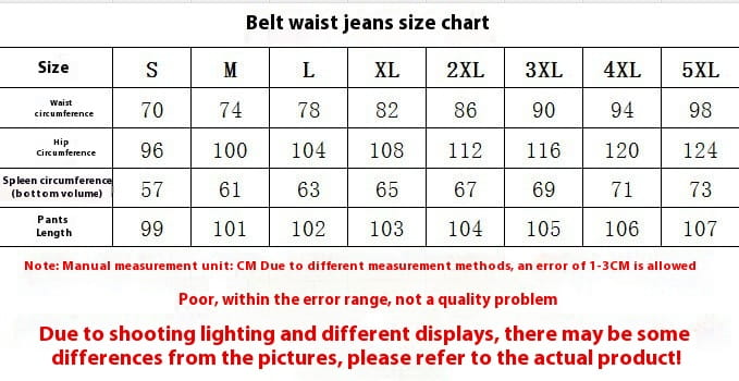 Una tabla de tallas de jeans de talle tipo cinturón para mujer, de pierna recta, en denim lavado, que muestra medidas para las tallas S a 5XL con dimensiones de cintura, cadera y largo del pantalón.