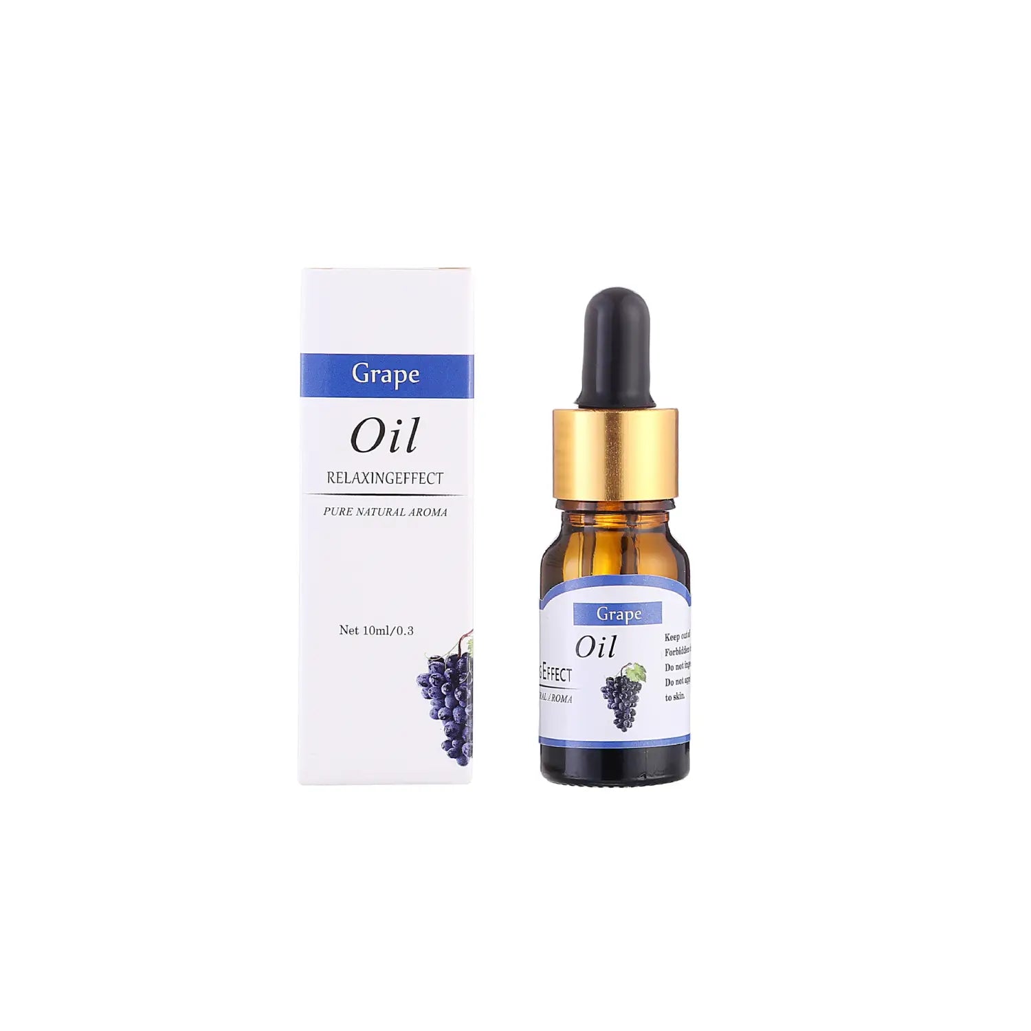 eine kleine bernsteinfarbene Glasflasche mit goldtöniger Pipettenkappe und schwarzem Gummibalg, beschriftet mit Traubenessenzöl, mit 10 ml frischem ätherischem Öl zur Anwendung in der Aromatherapie