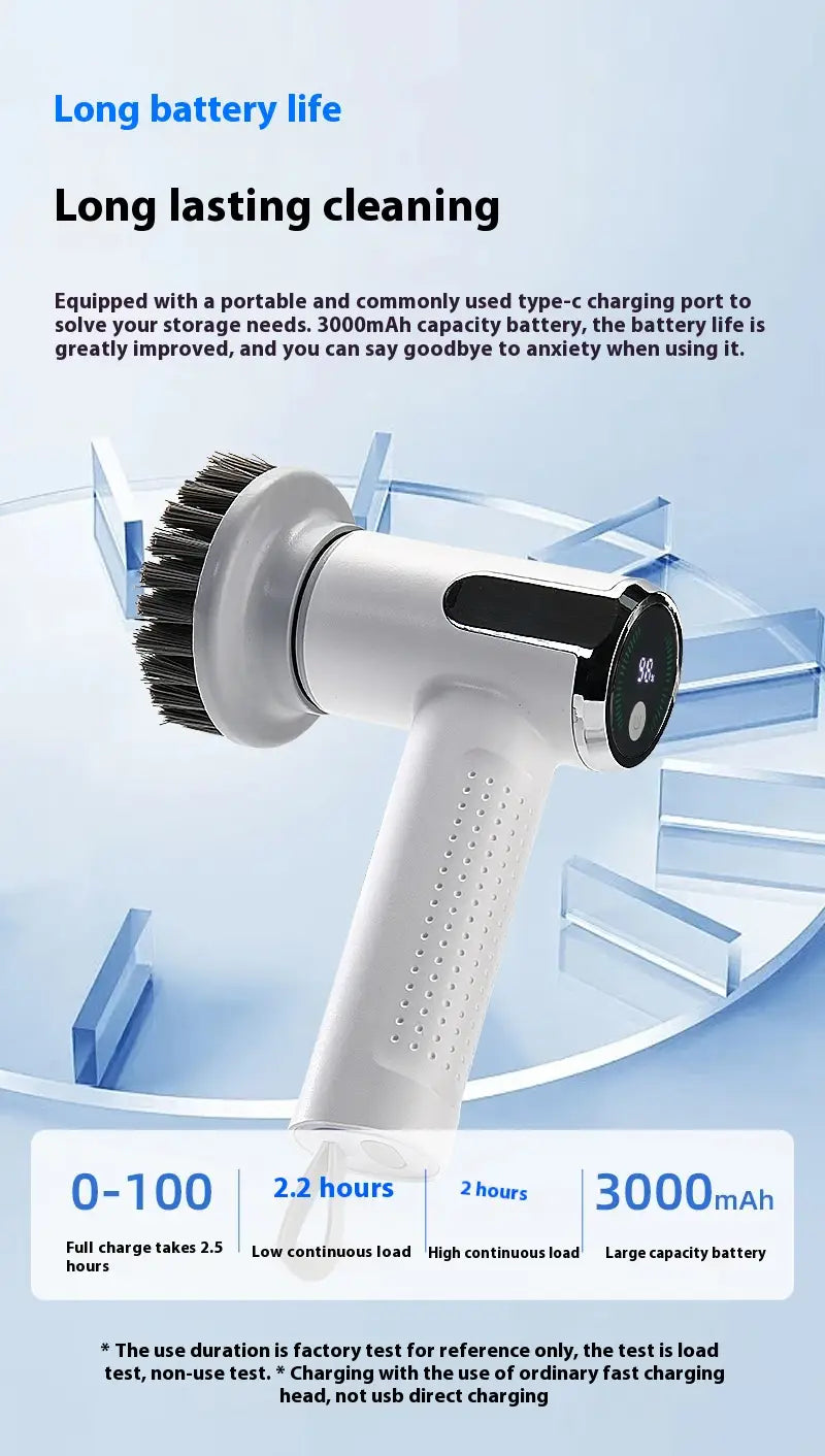 White and black handheld electric cleaning brush wireless smart scrubber tool with a 3000mAh battery, textured grip handle, and bristle head for long-lasting cleaning.