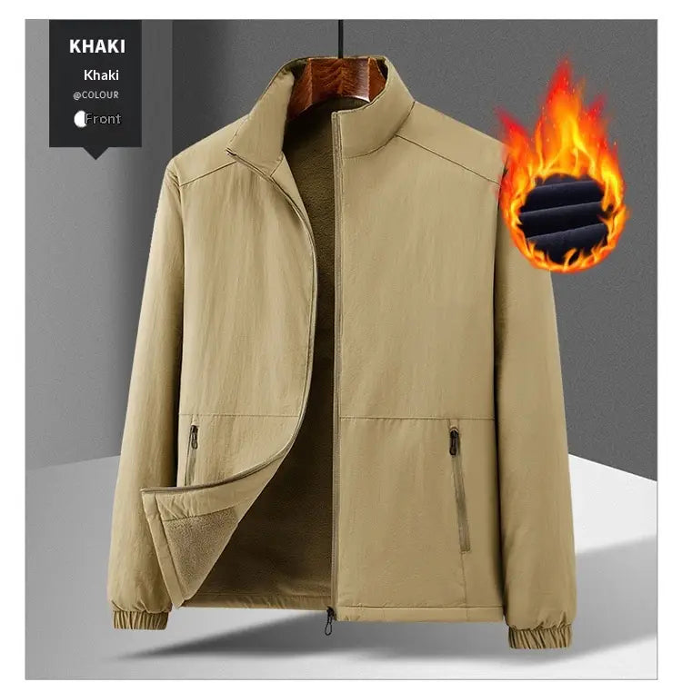 Khaki-colored quilted fleece stand collar sports jacket with lightweight design, fleece-lined interior, and two front zippered pockets.