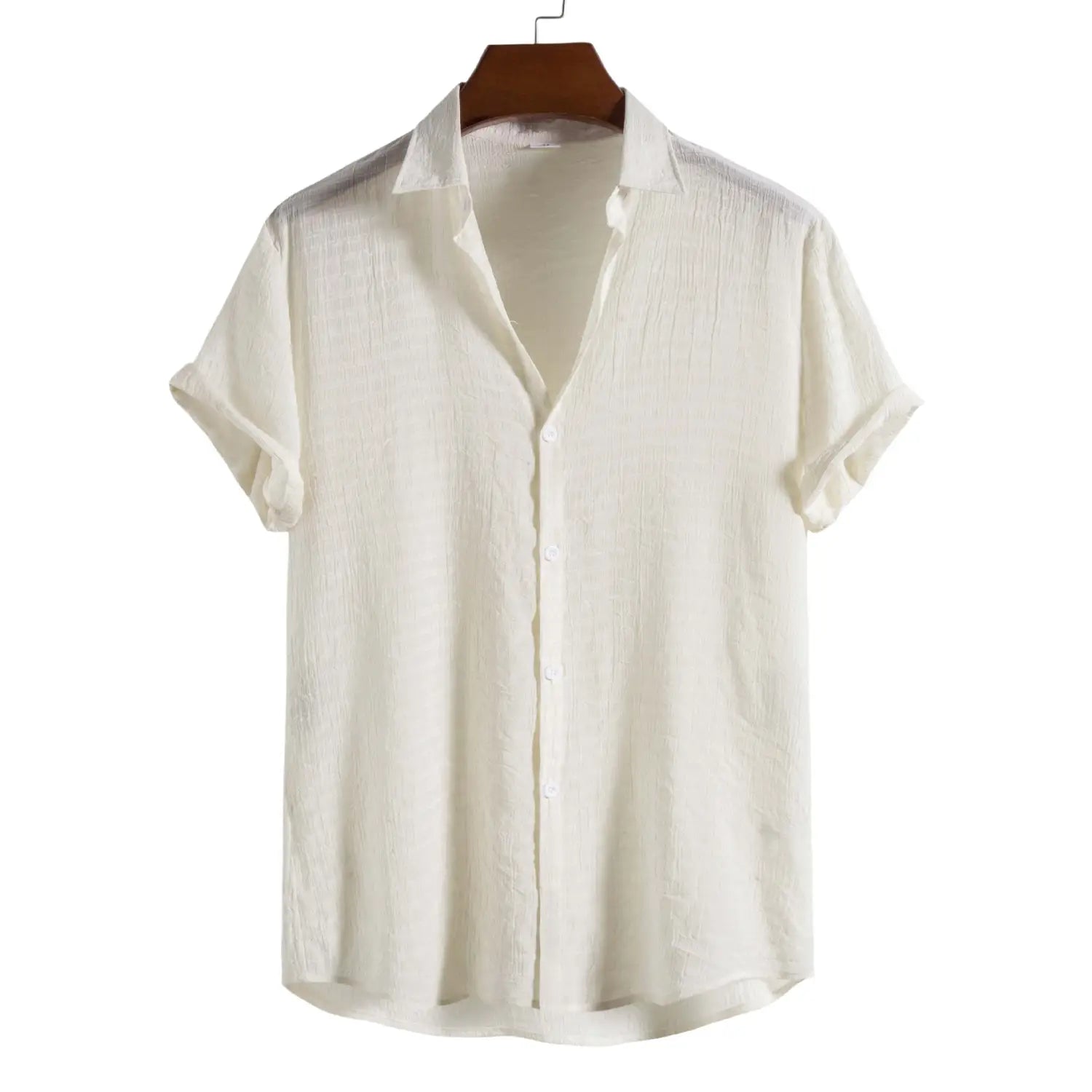 A crisp white men’s minimalist textured short sleeve grid shirt with a subtle textured fabric and classic collar.