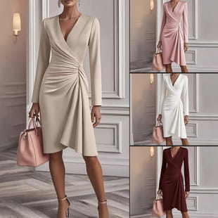 Robe portefeuille longue en satin beige à manches longues avec devant drapé et ourlet asymétrique, élégante pour les occasions formelles