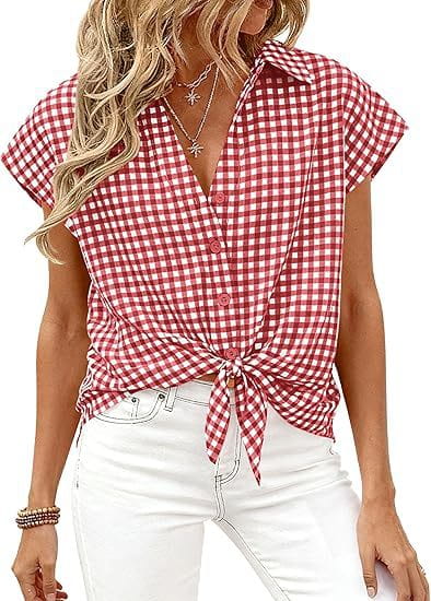 Red and white checkered short-sleeved button-up blouse with front knot made of lightweight fabric for casual wear.