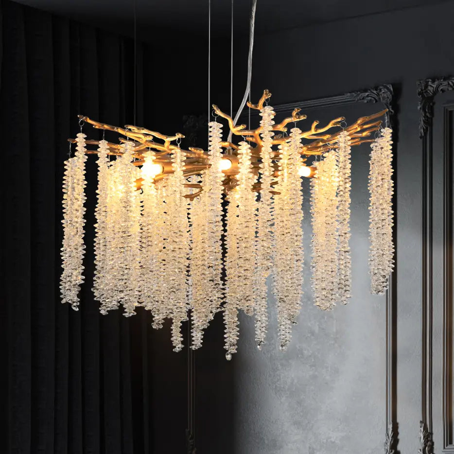 24 inch gold crystal waterfall pendant light featuring a golden branch chandelier adorned with cascading clear crystal beads.