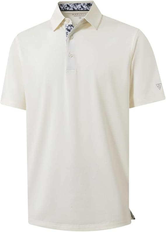 Ecrufarbenes Herren-Golfpolohemd mit kurzen Ärmeln; mit schnell trocknendem, atmungsaktivem Stoff und dezent gemustertem Innenkragen mit Branding am Ärmel.