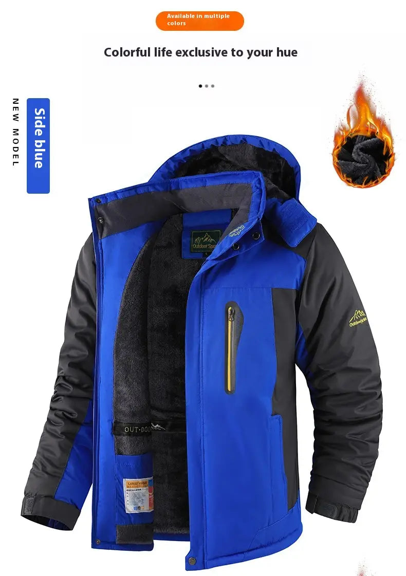 Herren-Fleece-gefütterte Winterjacke, dicker Baumwollmantel, in Blau und Schwarz mit wattierten Einsätzen, Kapuze und Frontreißverschluss für Isolierung.