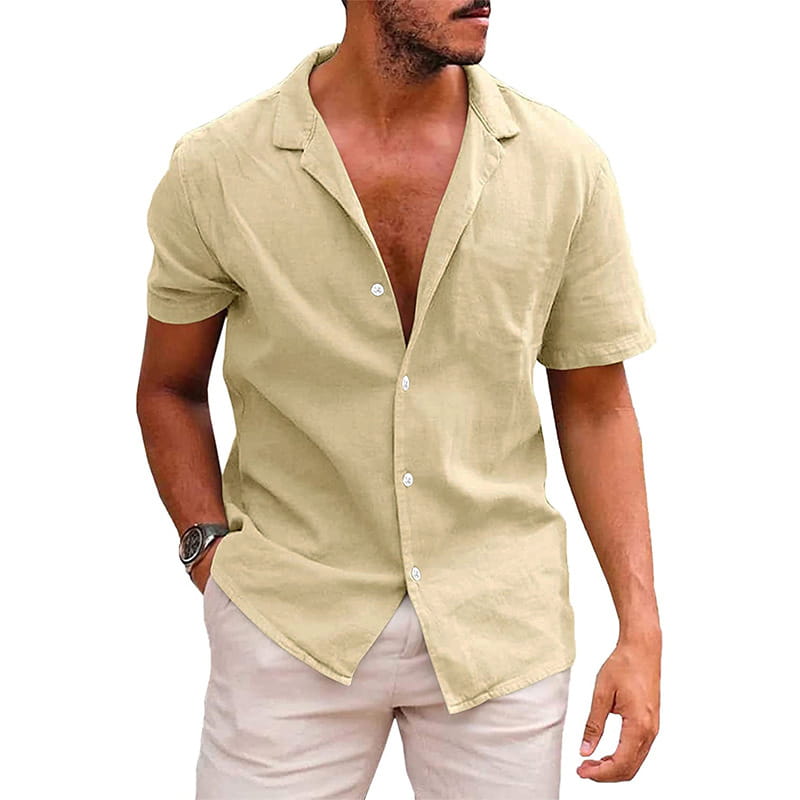 Beige men’s casual short sleeve button down shirt featuring a collar and subtle textured fabric.