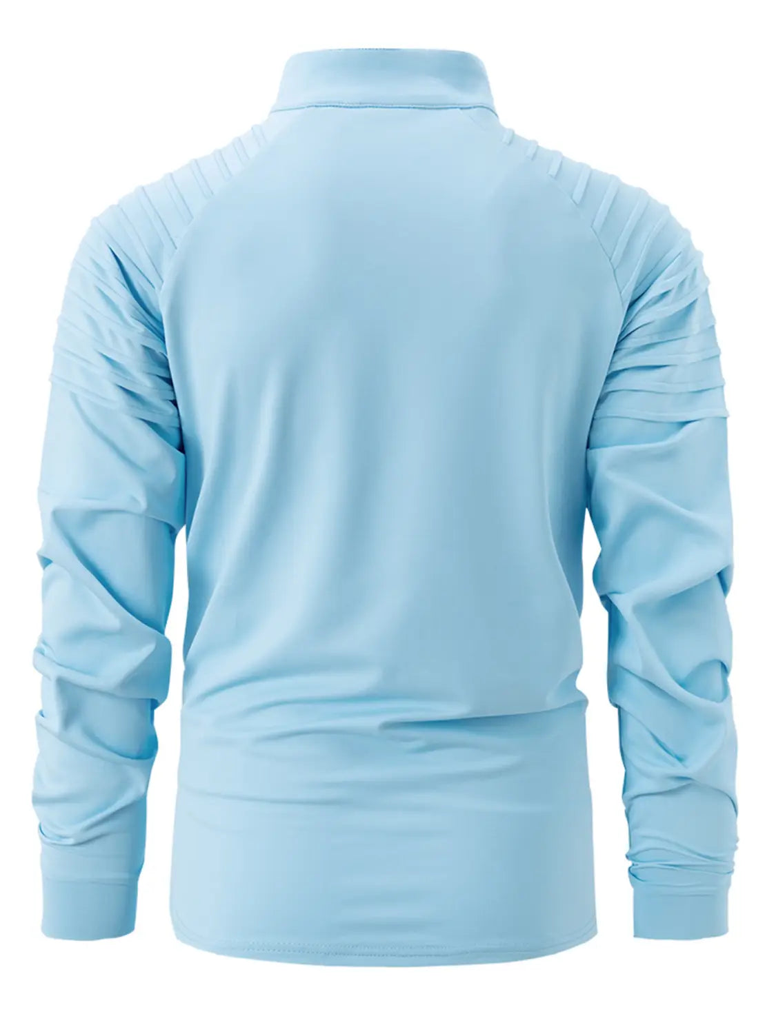 Herren-Quarter-Zip-Athletik-Poloshirt in Hellblau mit langen Ärmeln, geripptem Kragen und dezenten strukturierten Schulterbereichen.