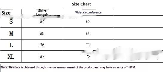 Size chart for leopard print high waisted side slit maxi skirt displaying skirt measurements in inches for sizes s through xl.