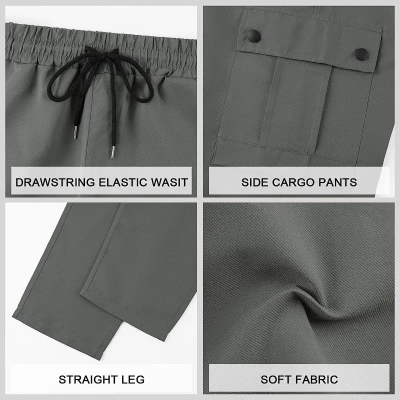 mens straight leg cargo work pants in dark gray with a drawstring elastic waist, straight legs, and soft fabric for comfortable wear.
