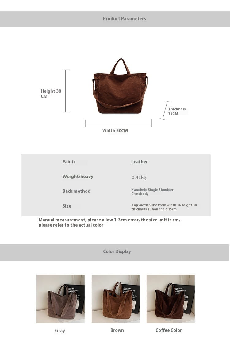 Brown leather hand-held single shoulder crossbody bag shown as part of a brown suede tote bag large corduroy shoulder bag collection.