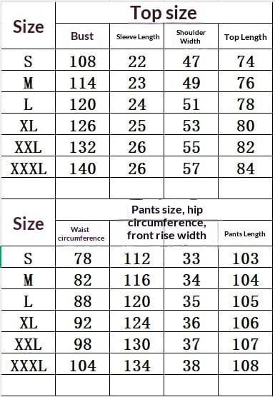 Size chart for men short sleeve shirt and trousers set listing bust sleeve length shoulder width top length waist circumference hip circumference front rise width and pants length measurements across sizes s to xxxl.