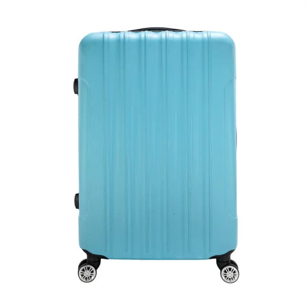 Light blue textured rolling hardshell suitcase with vertical ridges and black wheels from a 3-in-1 suitcase set.
