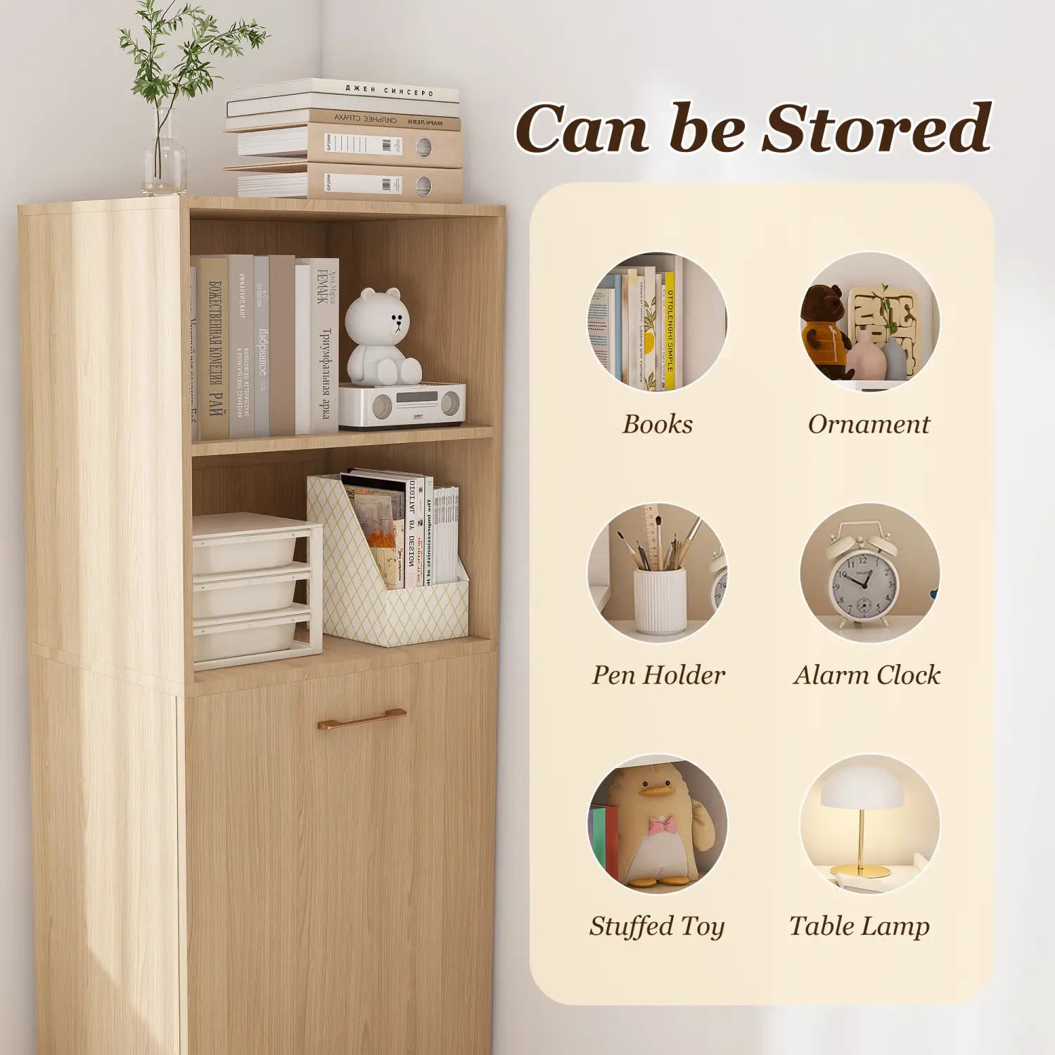 Bibliothèque verticale extensible en finition bois clair avec plusieurs étagères et une porte de caisson inférieure, faisant partie d’un bureau extensible avec étagères de rangement et roues.