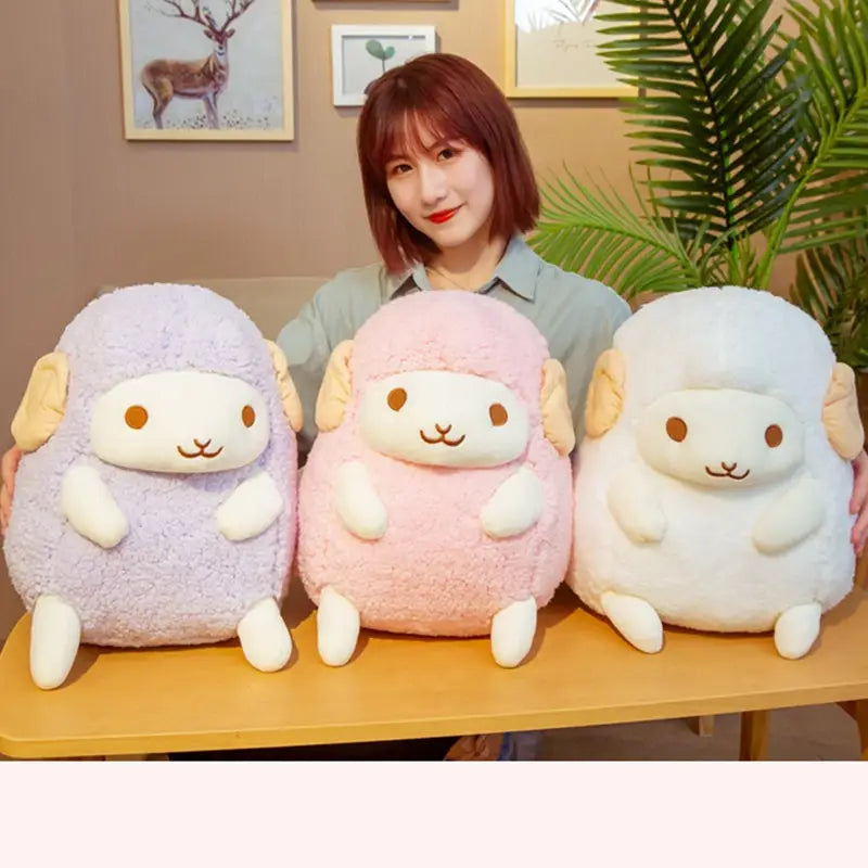 three plush sheep toys in pastel lavender pink and white with soft textured fur embroidered facial features and beige ears and feet sheep plush toy soft stuffed animal doll 30-40cm