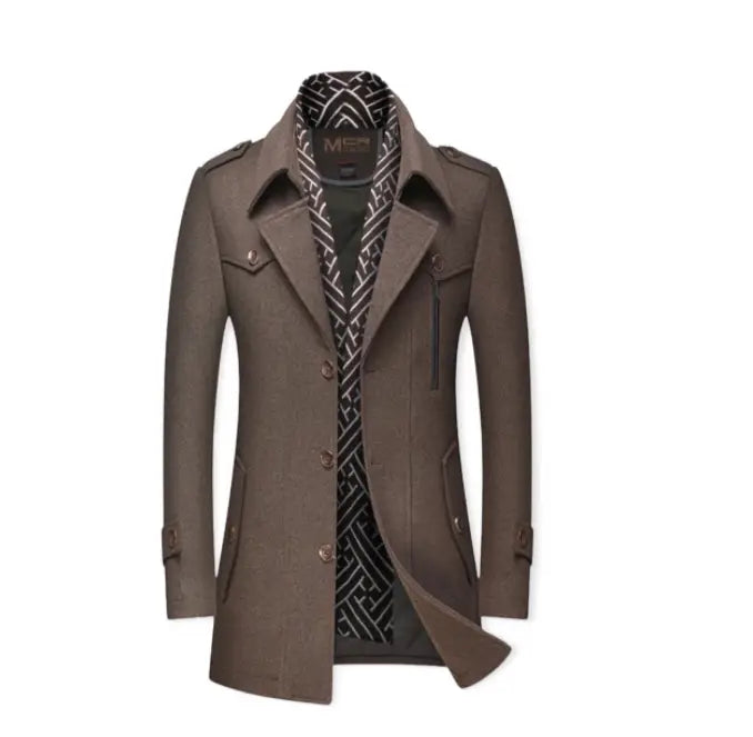 Men thickened brown woolen trench coat with double collar shoulder epaulets and geometric-patterned inner lining for outerwear.