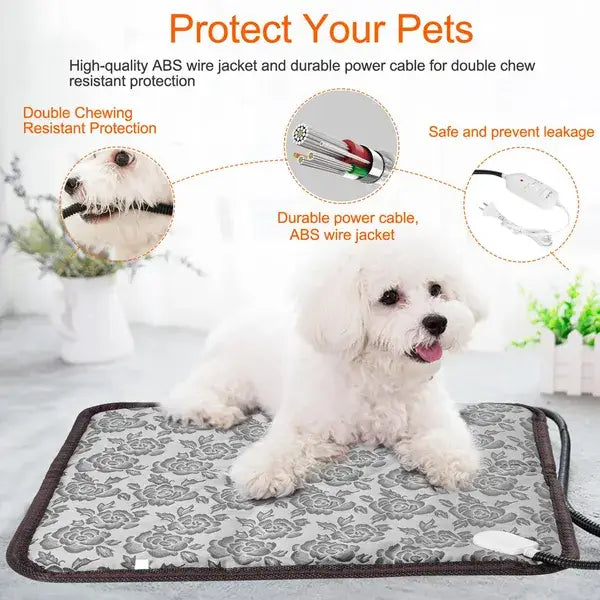A gray floral-patterned waterproof electric pet heating pad with a black border and attached power cable.