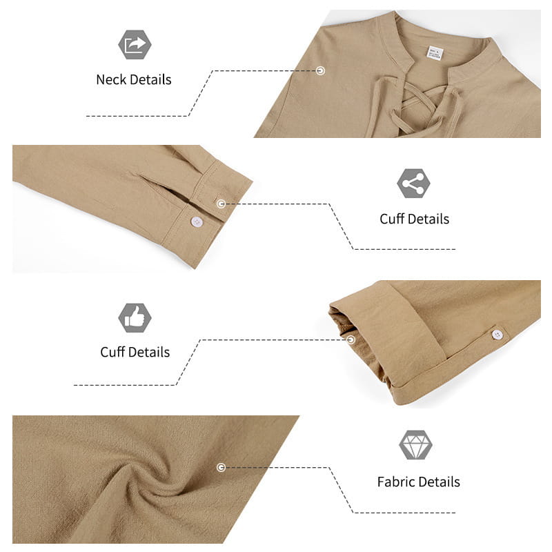 Camisa tipo henley de lino color beige para hombre, de manga larga, con mangas arremangables, con cuello con cordones y puños abotonados.