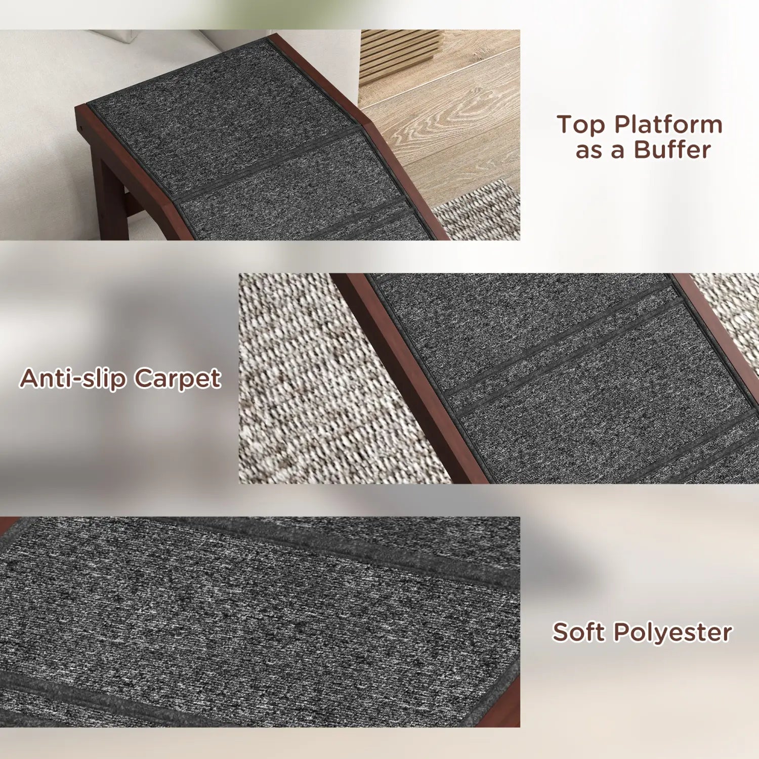 Dark gray anti-slip polyester carpet runner with wooden frame edges on a wooden dog ramp non slip pet stairs with platform.