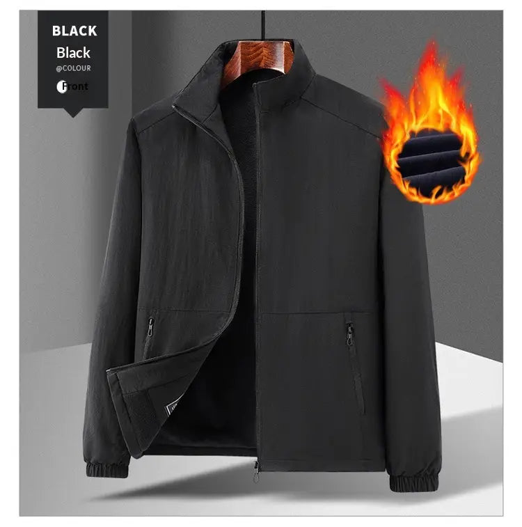Black quilted fleece stand collar sports jacket featuring an insulated jacket with a fleece-lined interior and zippered pockets.