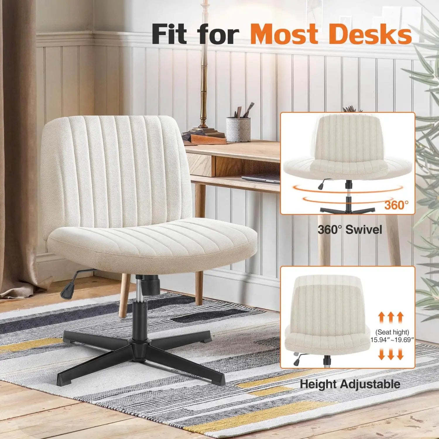 Chaise de bureau rembourrée de couleur crème, à assise croisée, avec coutures verticales et base noire à cinq étoiles, pour pivotement large et réglage en hauteur