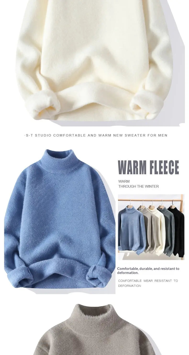 A soft cozy blue men half turtleneck sweater made from warm fleece fabric for cold weather.