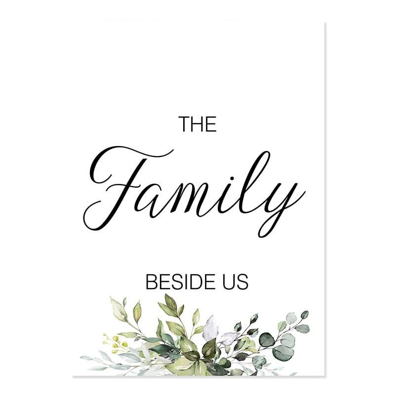 white rectangular print eucalyptus botanical love and bless wall art set featuring the text the family beside us in elegant black script with green and gray watercolor leaves at the bottom