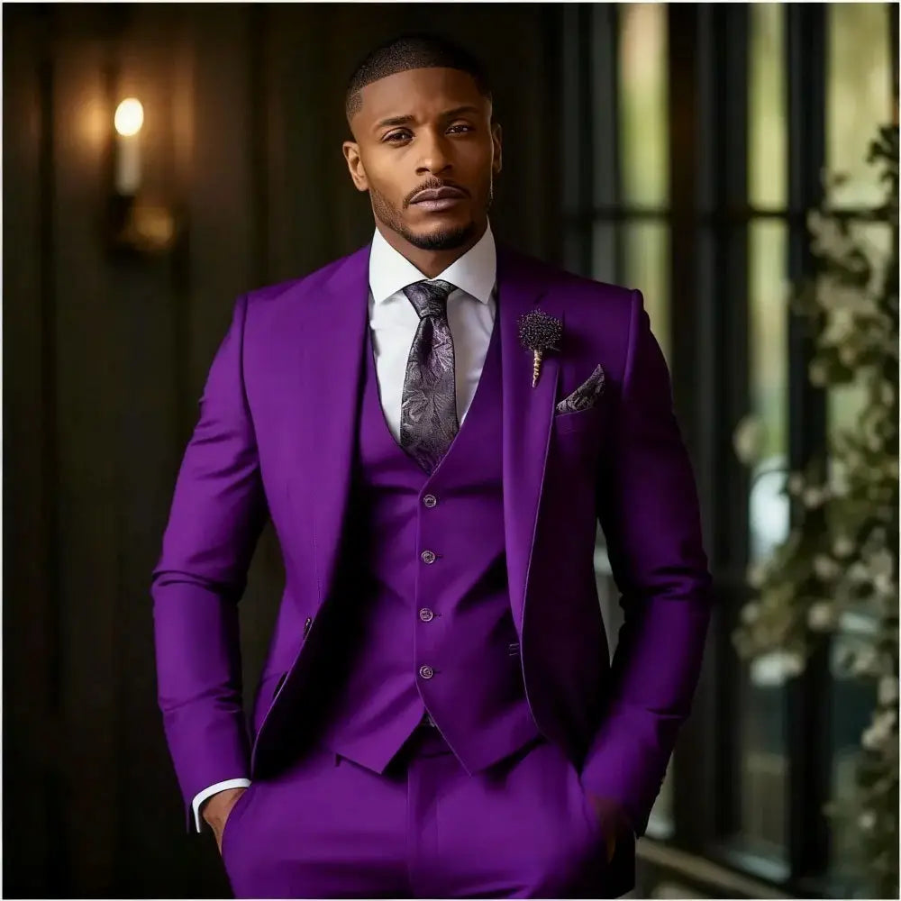 A sharp vibrant purple men slim fit three piece suit with a tailored fit and matching vest.