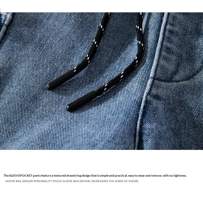 black textured drawstring with white speckles and black plastic aglets on cargo denim shorts light wash streetwear set against blue denim fabric