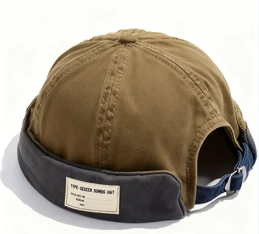 brown canvas fedora hat for men featuring a dark gray brim and an adjustable denim strap visible from the back side
