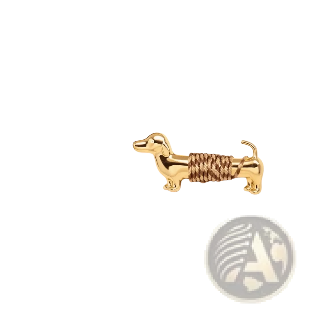 Gold-colored dachshund brooch with textured rope-like detail wrapped around midsection for animal lapel pin use