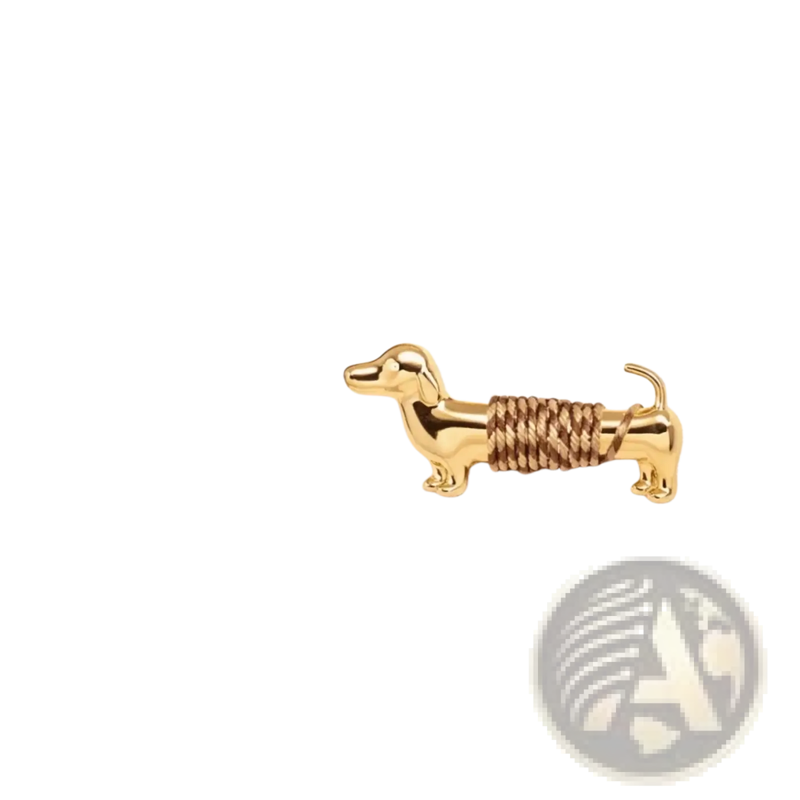 Gold-colored dachshund brooch with textured rope-like detail wrapped around midsection for animal lapel pin use