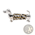 Silver dachshund brooch lapel pin with black white and gold braided cord wrapped body design