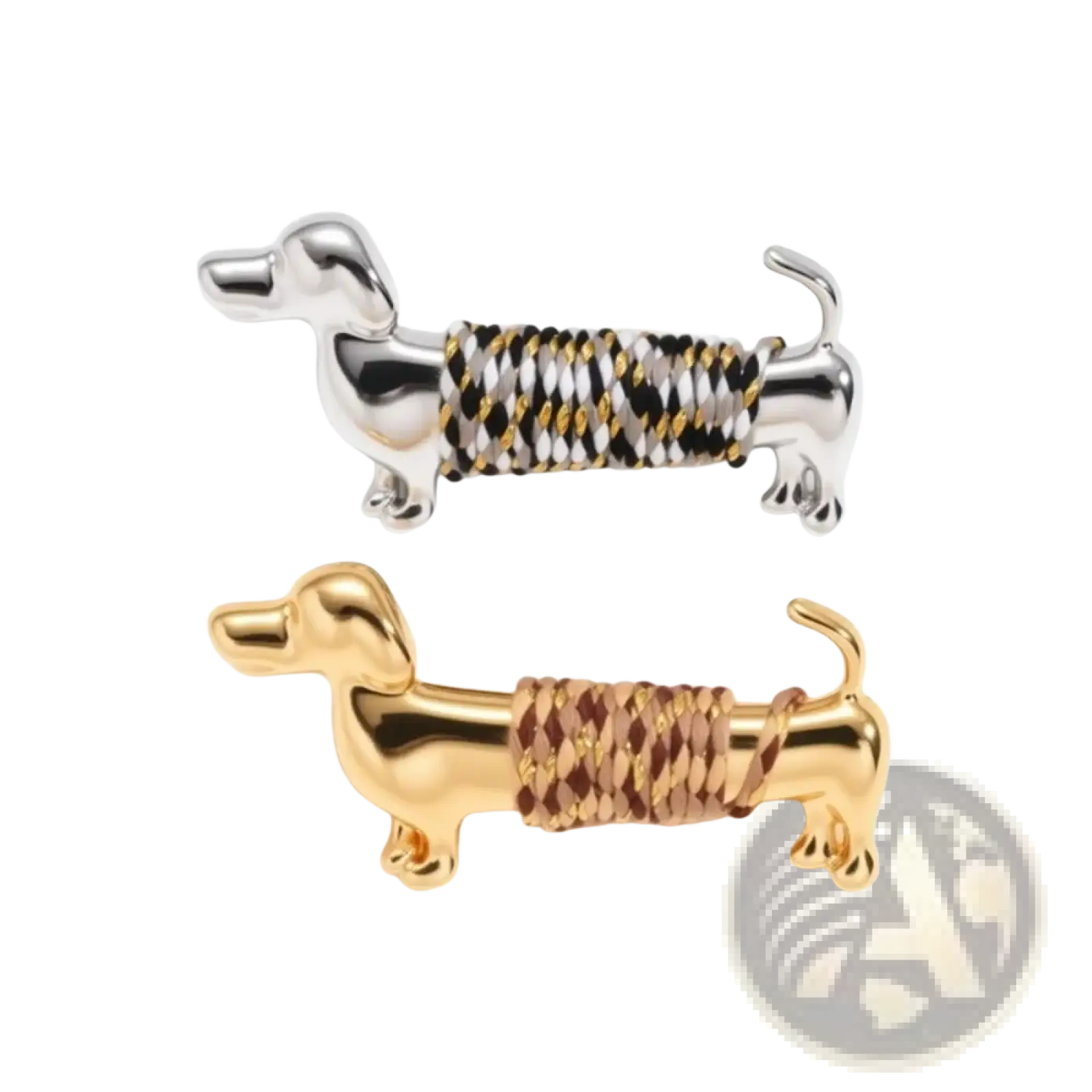 Silver and gold dachshund brooches with braided cord detailing featuring animal lapel pin design