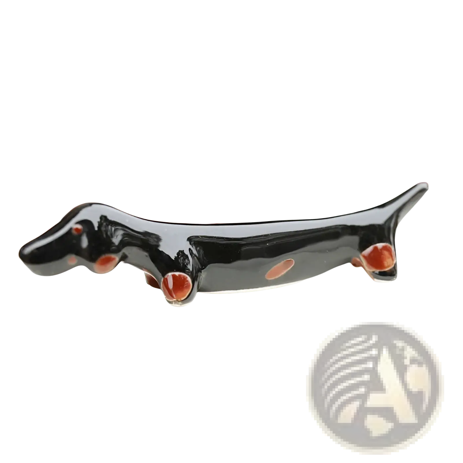 Black ceramic dachshund chopstick rest set of 4 with glossy finish and reddish brown accents on paws eyes and belly