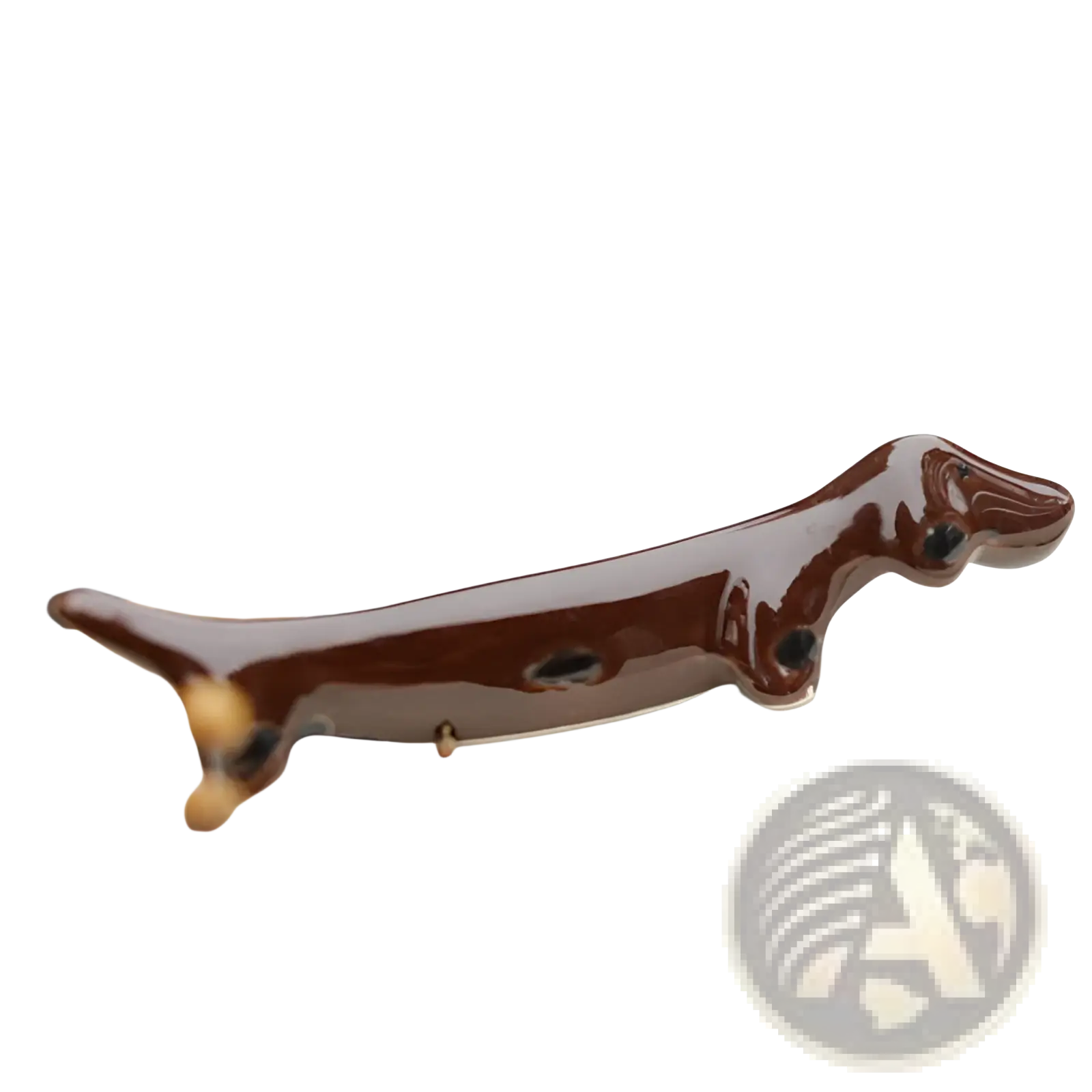 A glossy dark brown ceramic dachshund chopstick rest with black eyes and circular body details set of 4