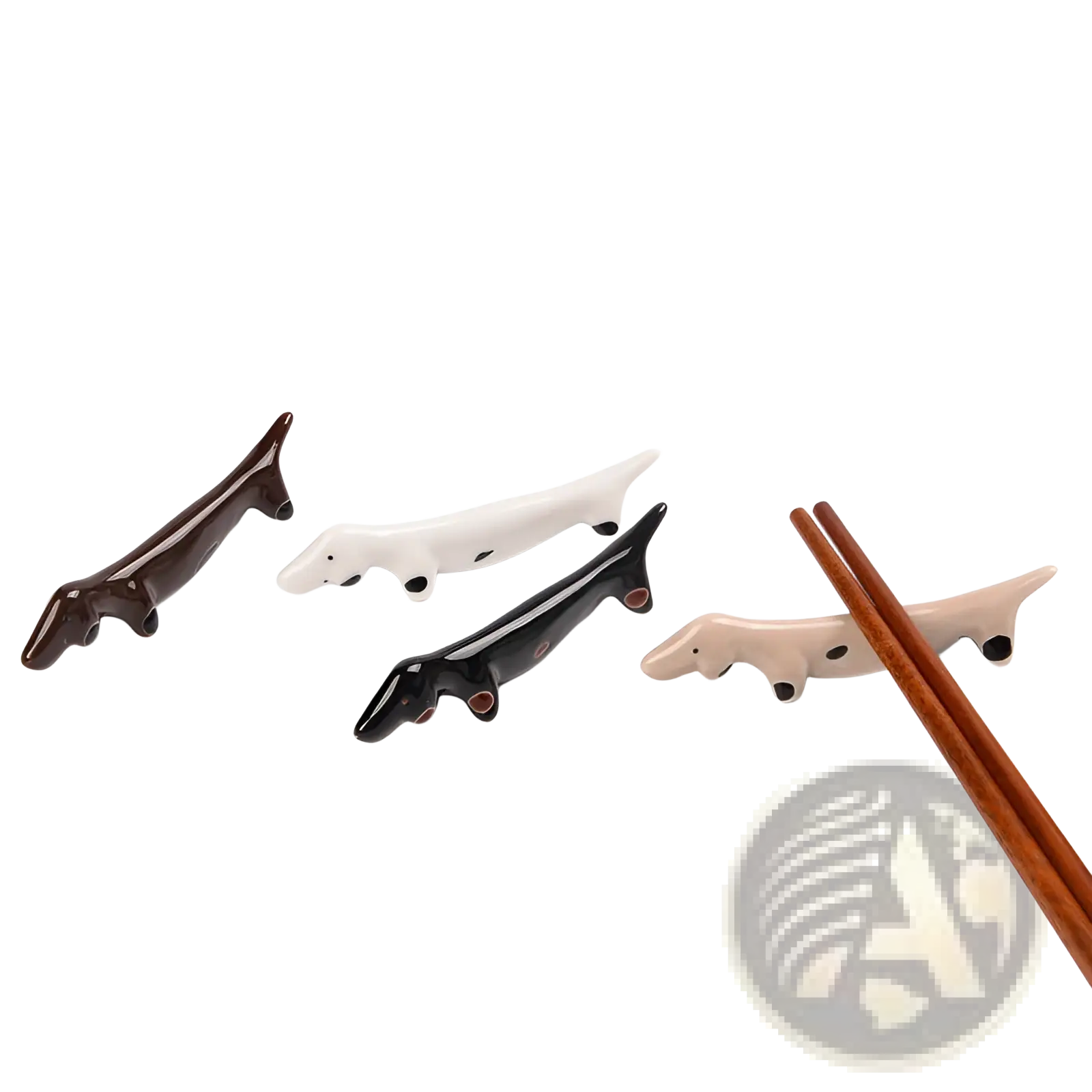 Set of four glossy ceramic dachshund-shaped chopstick rests in brown white black and beige for table use