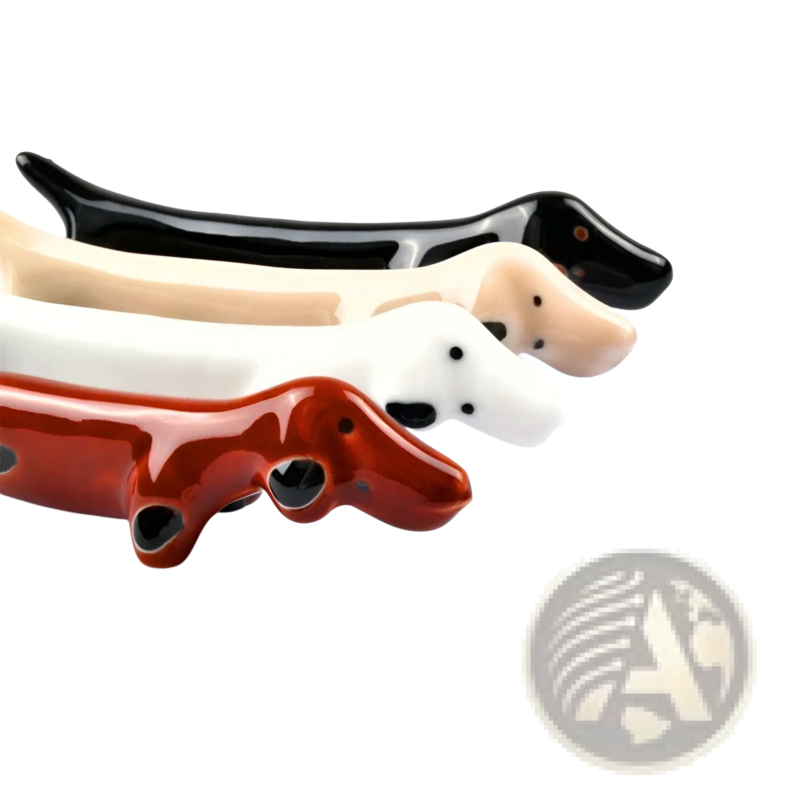 A glossy ceramic dachshund-shaped spoon rest in red white beige and black from a chopstick rest set of 4