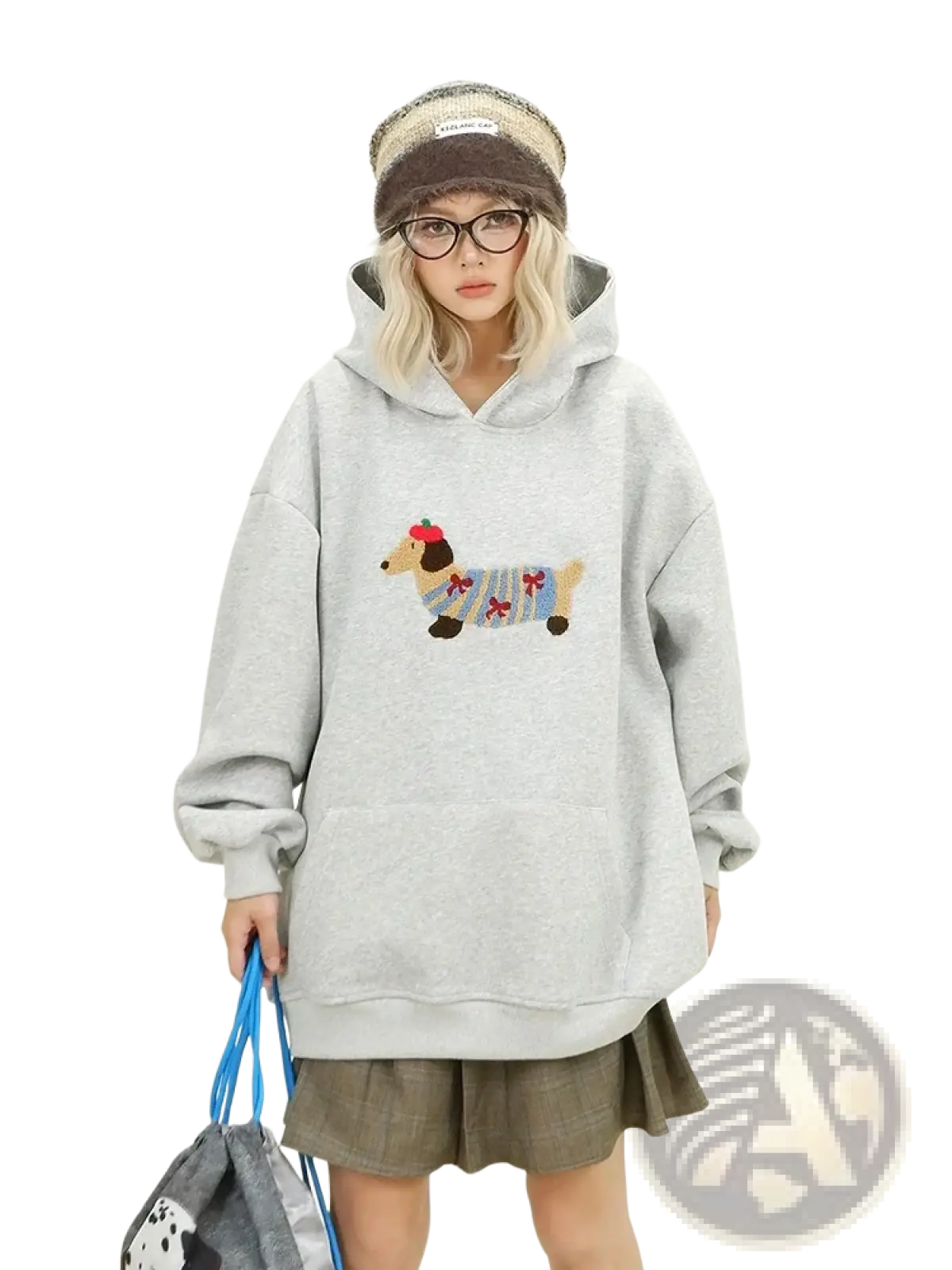 Light gray oversized hoodie with colorful embroidered dachshund in festive attire on the front