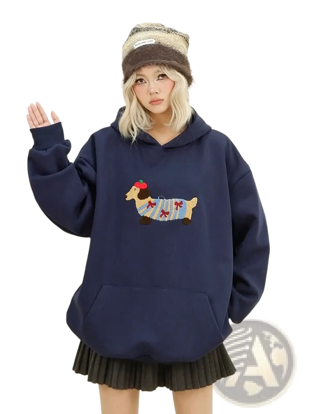 Navy blue oversized hoodie with knitted dachshund embroidery featuring red bow ties and a tiny hat design