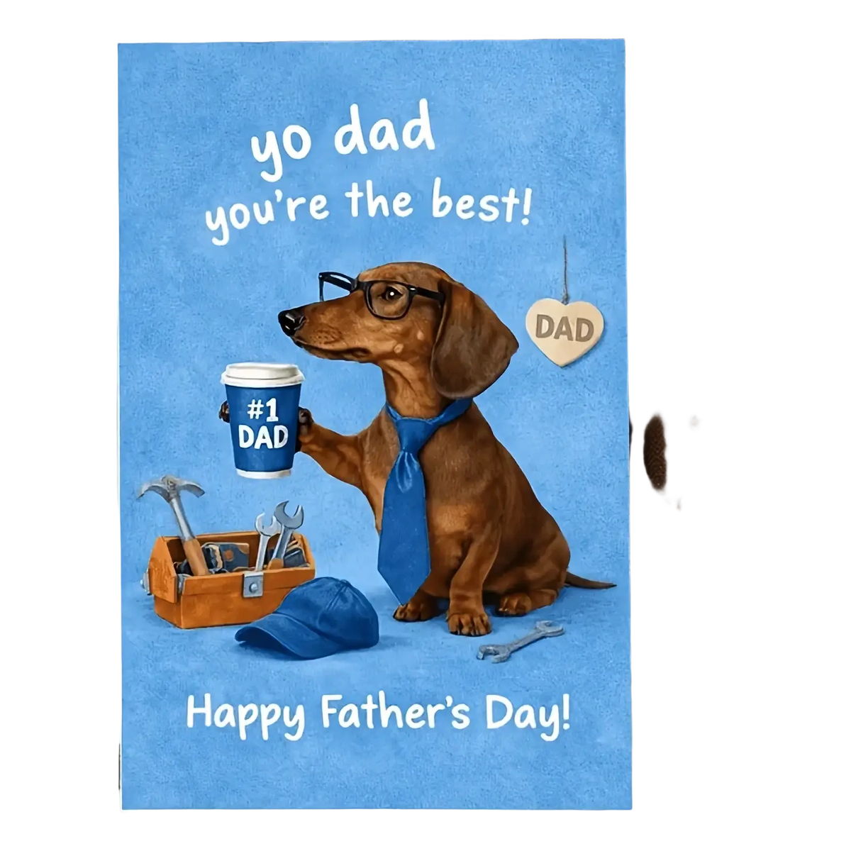 Blue dachshund fathers day greeting card with cartoon dog wearing glasses and tie holding coffee cup and tools nearby