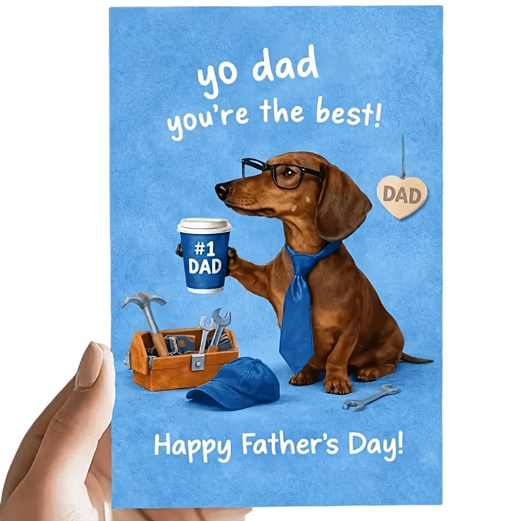 Blue dachshund fathers day greeting card featuring a brown dachshund wearing glasses and blue tie holding a coffee cup
