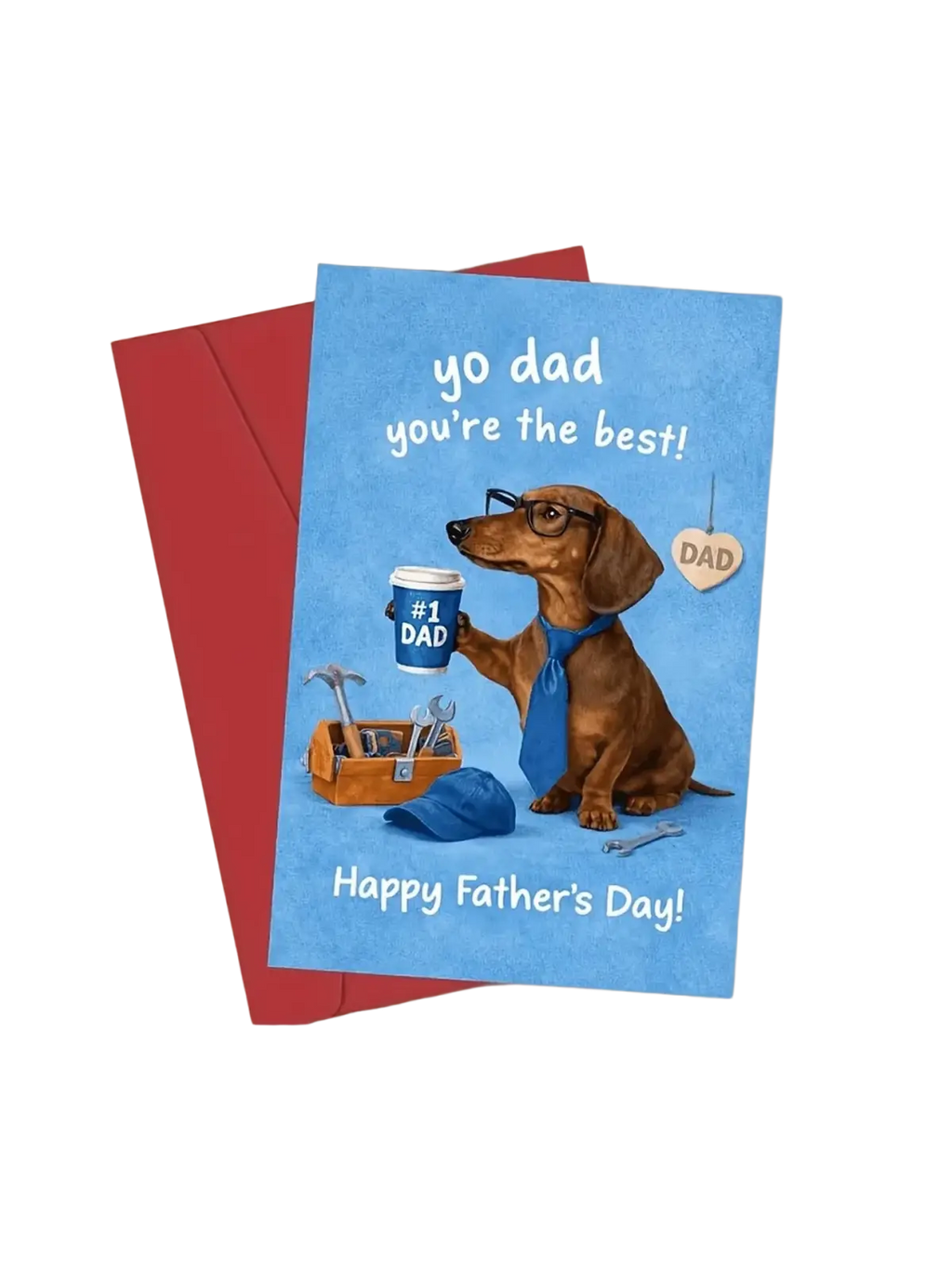 Blue dachshund fathers day greeting card featuring cartoon dog with glasses tie holding coffee cup number one dad