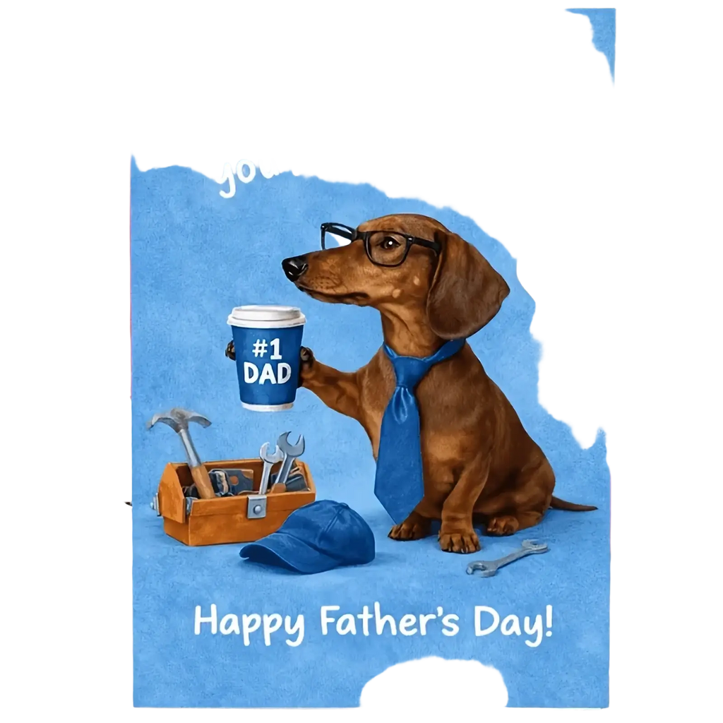 A blue dachshund fathers day greeting card featuring a brown dog with glasses holding a cup labeled number 1 dad