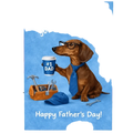 A blue dachshund fathers day greeting card featuring a brown dog with glasses holding a cup labeled number 1 dad
