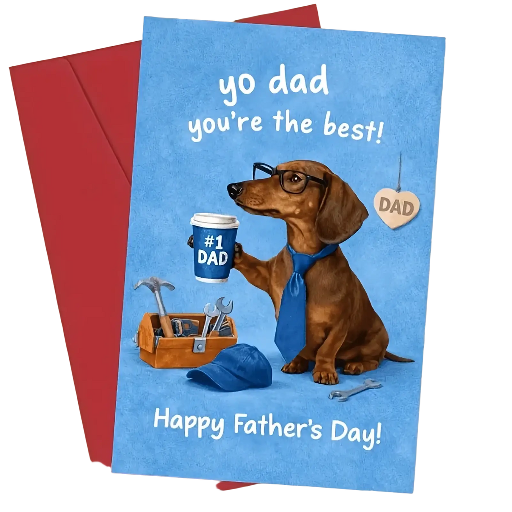 Blue dachshund fathers day greeting card with brown dachshund wearing glasses and tie holding number one dad coffee cup