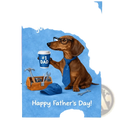 A blue dachshund fathers day greeting card featuring a brown dog with glasses holding a cup labeled number 1 dad