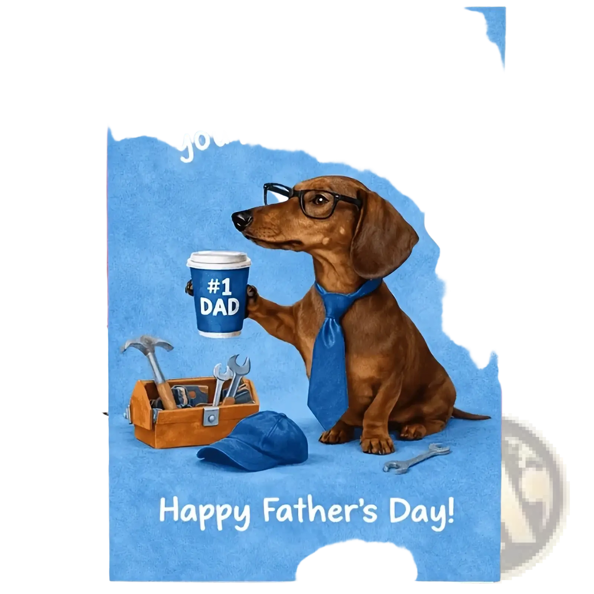 A blue dachshund fathers day greeting card featuring a brown dog with glasses holding a cup labeled number 1 dad